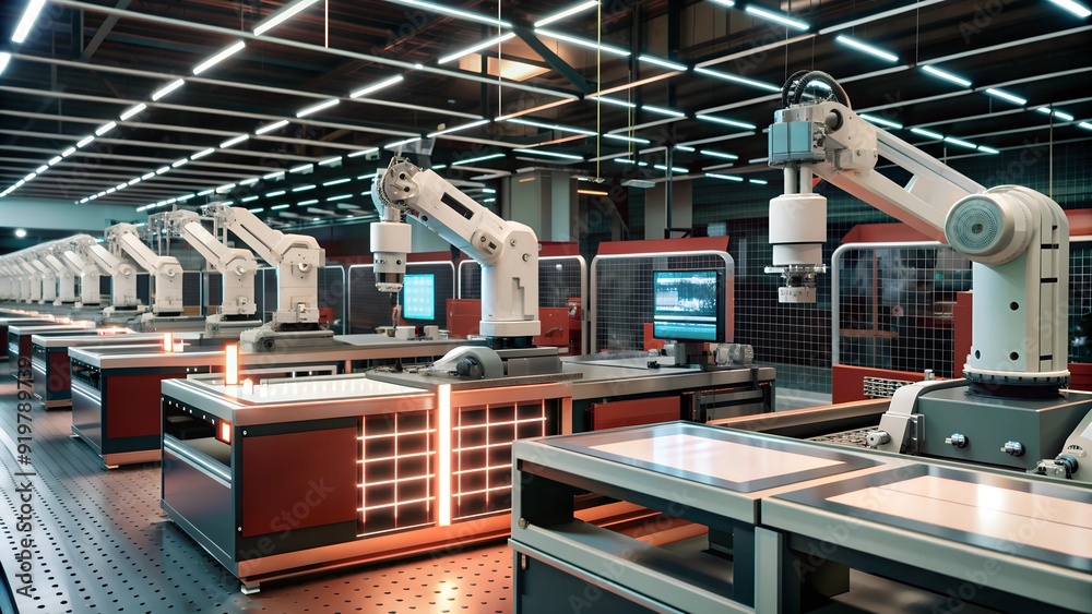 Robotic Arms in a Modern Industrial Factory, Advanced Automation, Red Neon Lighting Robotic Arms in a Modern Industrial Factory, Advanced Automation, Red Neon Lighting
