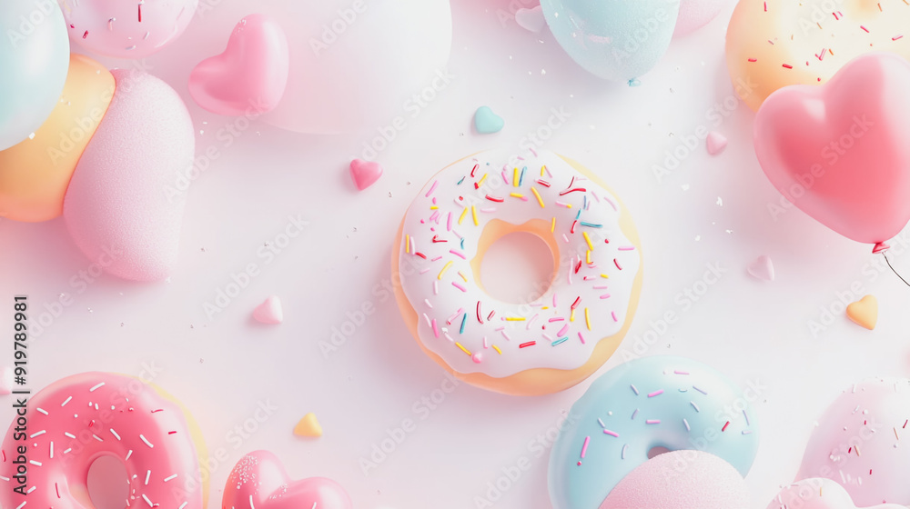 Abstract white background with pastel colorful 3D overlap layer on dark space with turkey Donuts and hearts decoration. Modern graphic design element motion style concept for banner, flyer, card, Abstract white background with pastel colorful 3D overlap layer on dark space with turkey Donuts and hearts decoration. Modern graphic design element motion style concept for banner, flyer, card,