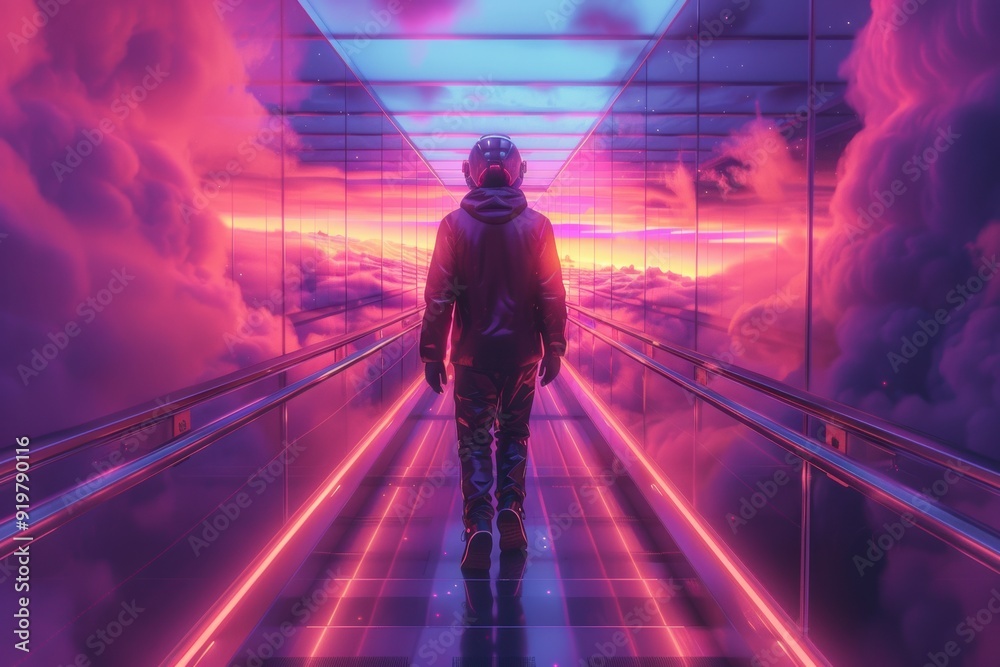 Obraz premium Futuristic Space Elevator Transports Adventurer Through Neon Clouds at Dawn