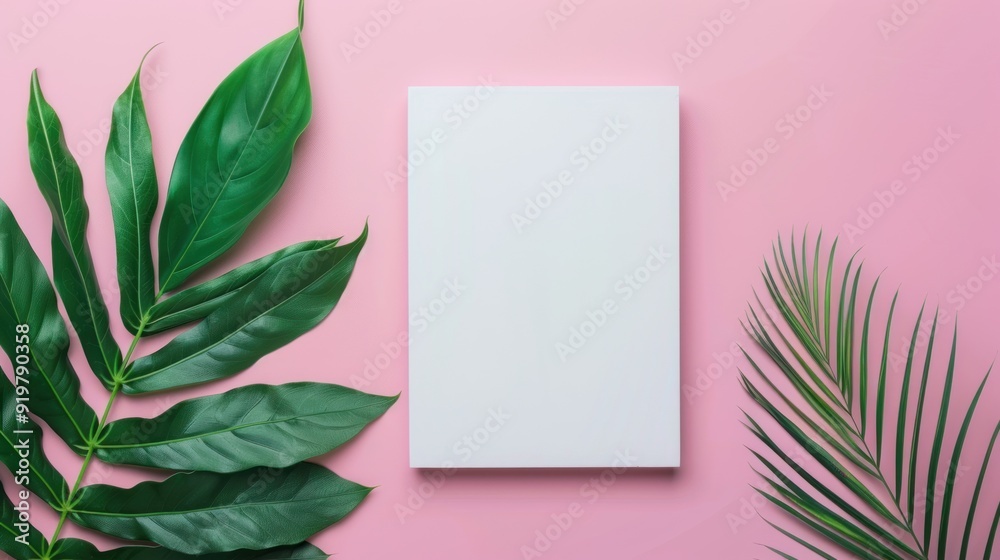 White Paper with Green Leaves on Pink Background White Paper with Green Leaves on Pink Background