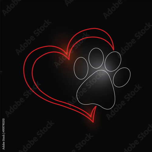 Neon paw print with heart. Pet love. Dog love. Line art. Glowing neon line. Isolated on black background. Dog - friend of human. Animal charity. Pet rescue and adoption. Animal care. Pet affection. 
