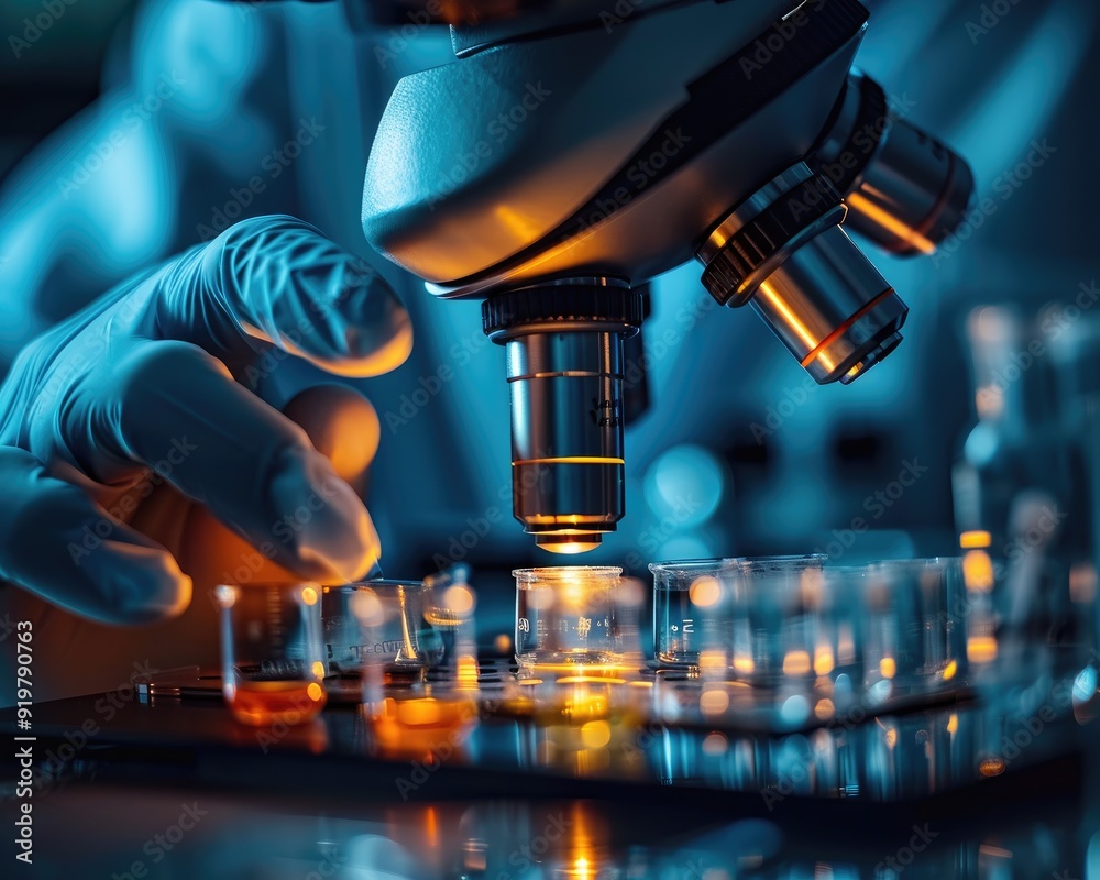 Close-up of a gloved hand adjusting a microscope lens over a slide with multiple vials. Scientific research and laboratory analysis concept. Close-up of a gloved hand adjusting a microscope lens over a slide with multiple vials. Scientific research and laboratory analysis concept.