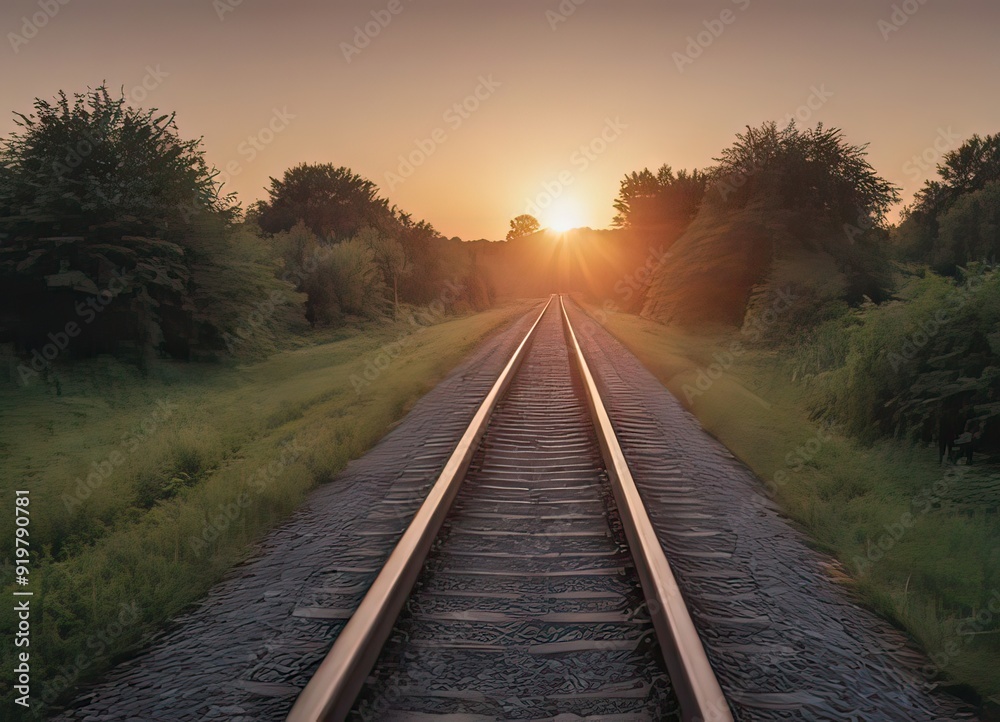 Fototapeta premium The sun is slowly setting behind the distant train tracks in view