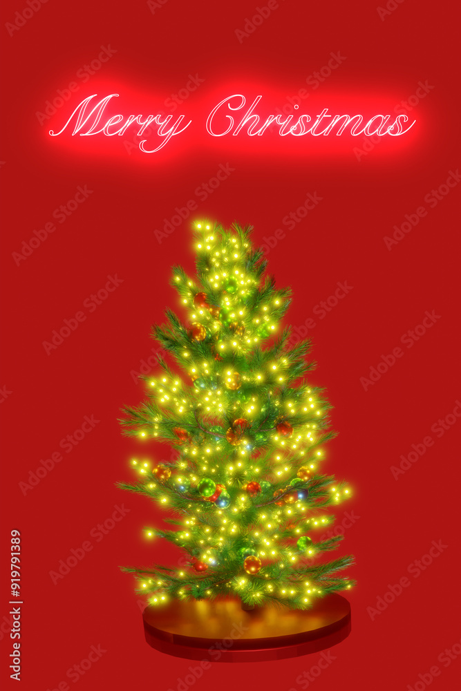 Three-dimensional render 3D of a pine tree decorated with christmas spheres and lights in series Three-dimensional render 3D of a pine tree decorated with christmas spheres and lights in series