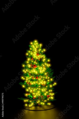 Ornamental 3d rendered Christmas tree glowing at night