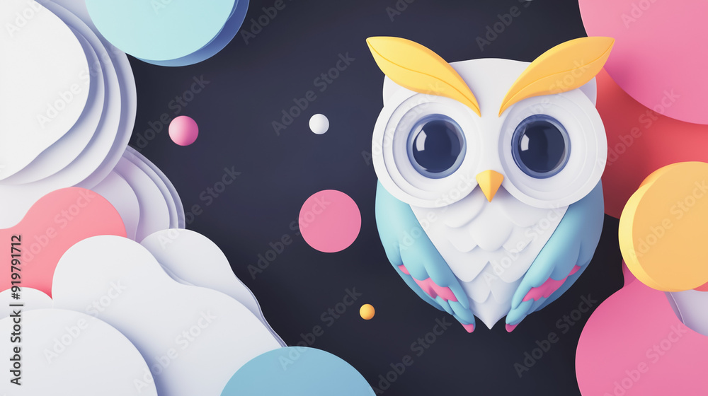 Fototapeta premium Abstract white background with pastel colorful 3D abstract background overlap layer on dark space with owl decoration. Modern graphic design element motion style concept for banner, flyer, card, br