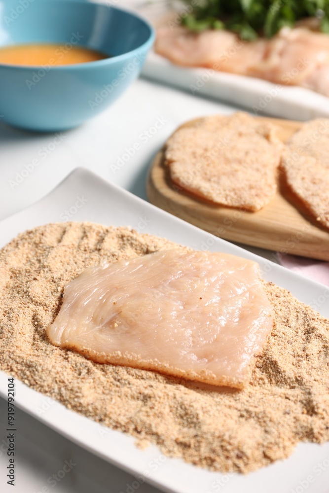 Making schnitzels. Raw meat with breadcrumbs on white marble table, closeup Making schnitzels. Raw meat with breadcrumbs on white marble table, closeup