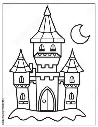 Halloween Vampire's Castle, Halloween Coloring pages for Kids, black and white