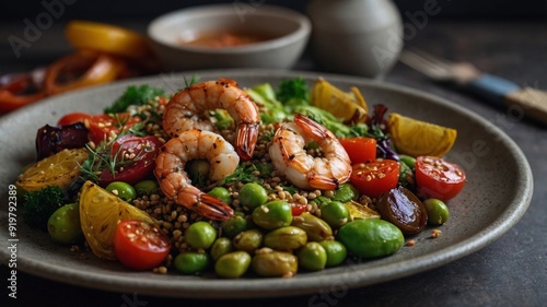 A colorful salad featuring buckwheat grilled shrimp edamame & roasted vegetables. photo