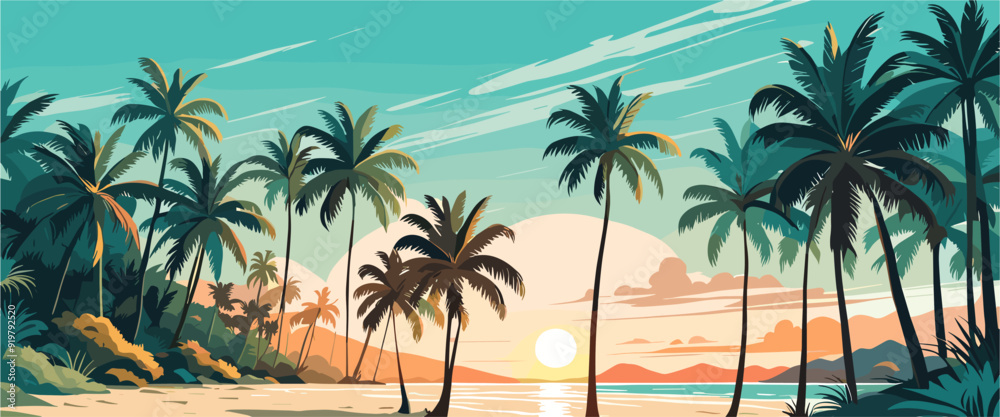 custom made wallpaper toronto digitalTropical Sea beach sunset background, landscape with sand beach, sea water edge and palm trees. Colorful vector art illustration, banner, wallpaper	