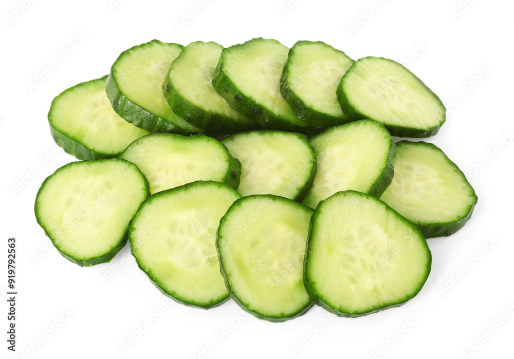 Pile of fresh cut cucumber slices isolated on white Pile of fresh cut cucumber slices isolated on white