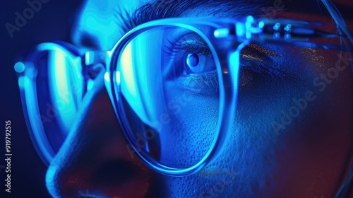 Close-up of a man's eye wearing glasses, illuminated by blue light. The photo conveys mystery and focus.