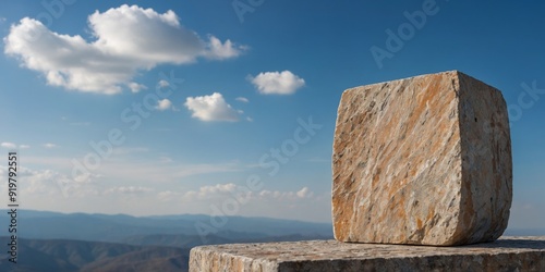 Natural Stone Pedestal with Blue Sky Background for Product Presentation. photo