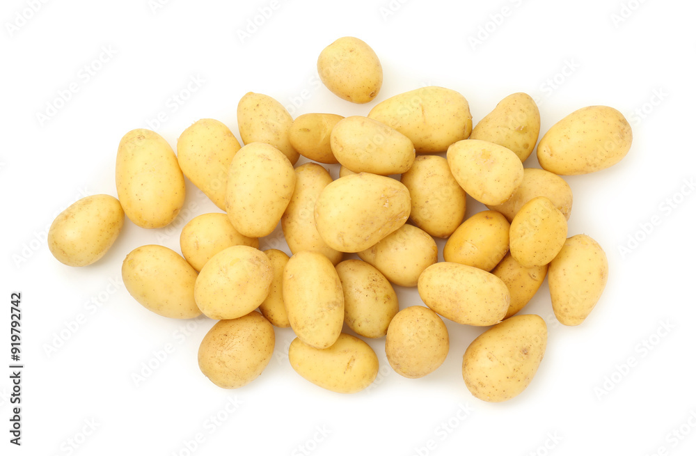 Pile of fresh young potatoes isolated on white, top view Pile of fresh young potatoes isolated on white, top view