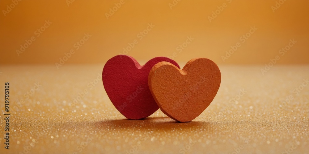 Red hearts on orange and yellow background Love or Valentine's day concept Minimal, flat lay. Red hearts on orange and yellow background Love or Valentine's day concept Minimal, flat lay.