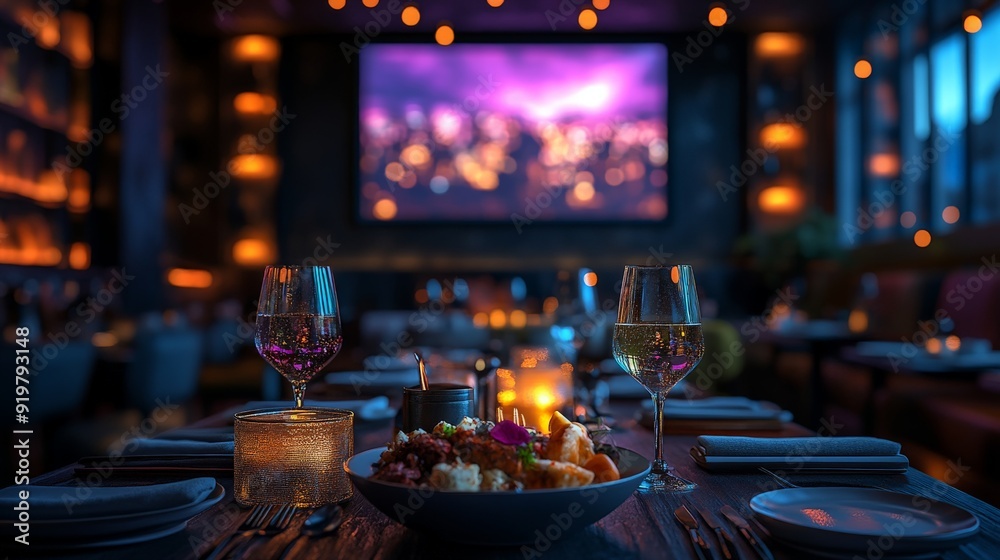 small restaurant with Cocktails, gourmet food and dark background. small restaurant with Cocktails, gourmet food and dark background.