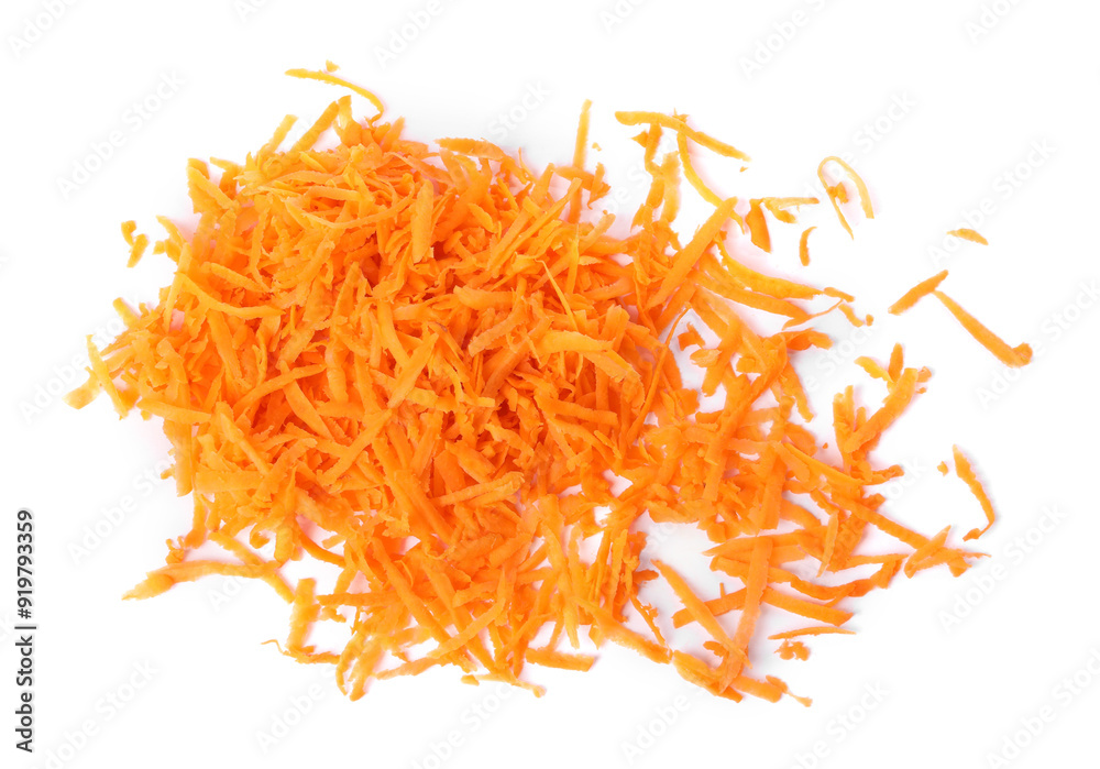 Pile of fresh grated carrot isolated on white, top view Pile of fresh grated carrot isolated on white, top view