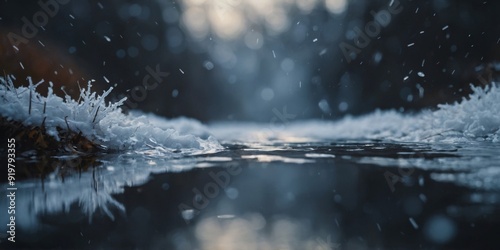 A view from inside the hole looking up as snowflakes gently fall onto the still water. photo