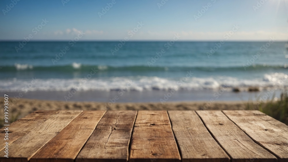 Empty wooden table using blurred sunny beach background. Empty wooden table using blurred sunny beach background.