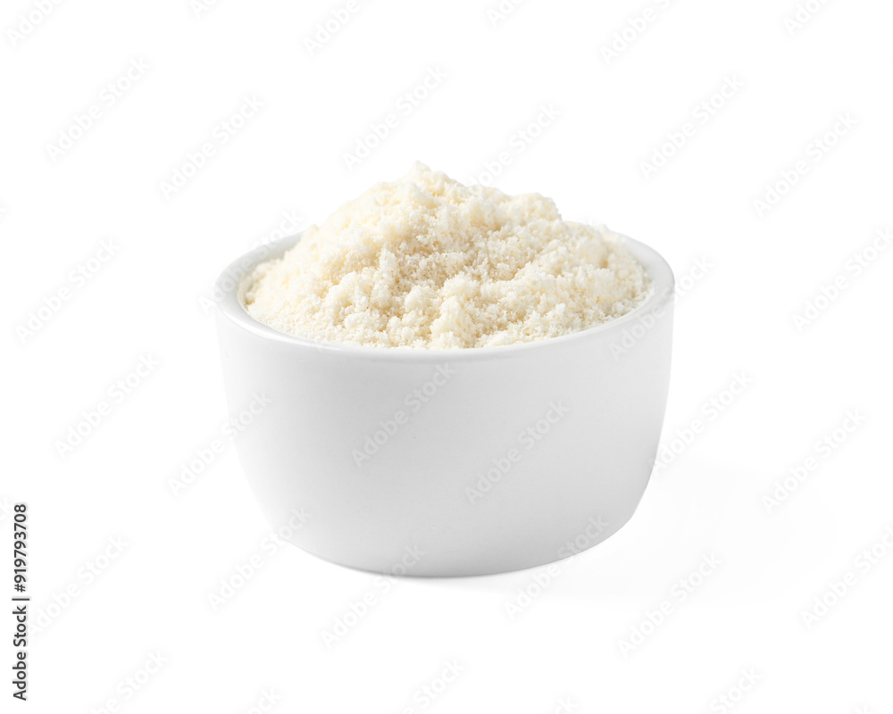 Fresh coconut flour in bowl isolated on white Fresh coconut flour in bowl isolated on white