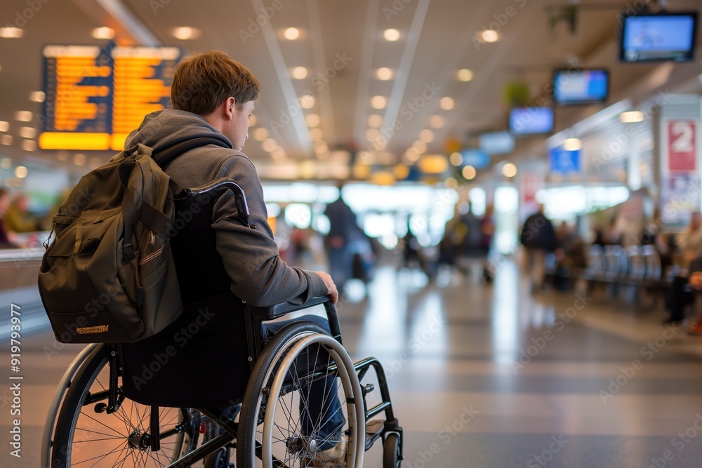 A man in a wheelchair waits at an airport terminal, waiting for his flight. A man in a wheelchair waits at an airport terminal, waiting for his flight.