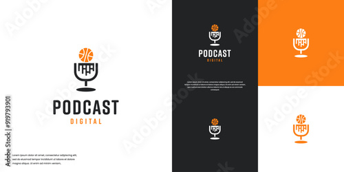 sports logo with podcast microphone, discussing about competition, design vector illustration.