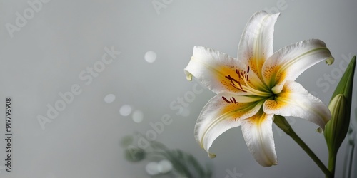 A beautiful watercolor clip art of a single lily, with white petals and a yellow center. photo