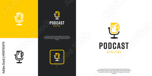 podcast logo microphone with drinking glass , sharing experience , vector graphic design.