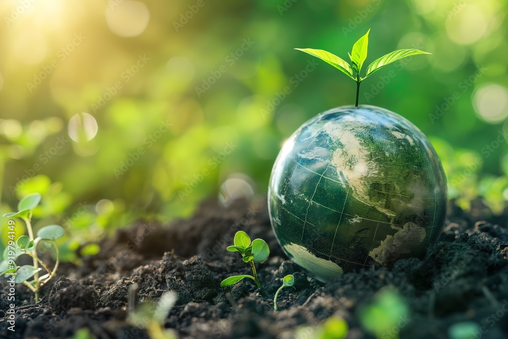 A vibrant green seedling grows next to a globe in a flourishing, sustainable ecosystem. A vibrant green seedling grows next to a globe in a flourishing, sustainable ecosystem.