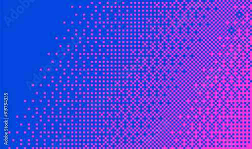 Pixelated bitmap gradient texture. Neon blue and pink dither pattern background. Abstract glitchy pattern. 8 bit video game screen wallpaper. Pixel art retro vector Illustration.