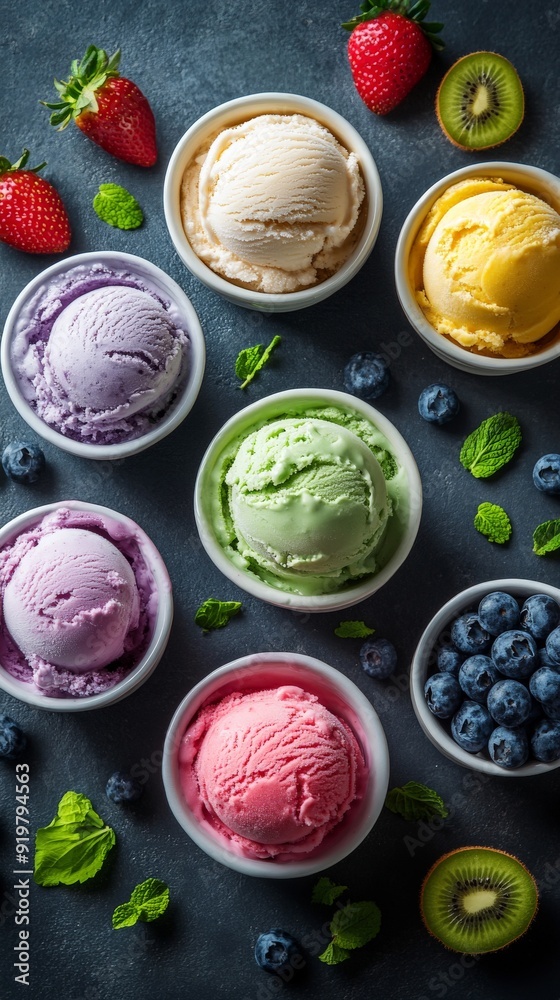 flavored ice creams with fresh blueberry on rustic background flavored ice creams with fresh blueberry on rustic background