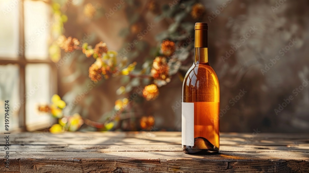 Wine Bottle on Wooden Table with Blurred Background Wine Bottle on Wooden Table with Blurred Background