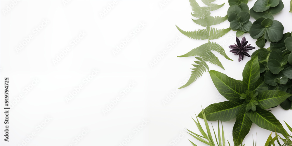 Naklejka premium Białe gładkie tło pod baner, grafikę z napisami. Zielone rośliny, gałązki i liście kwiatów. Widok z góry