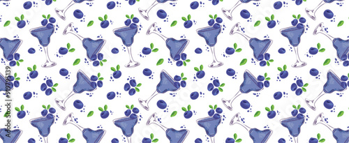 Abstract pattern with blueberries. Blue berry cocktail on white background. Vector seamless wallpaper with drink. Print for packaging, wrapping paper, textile, fabric