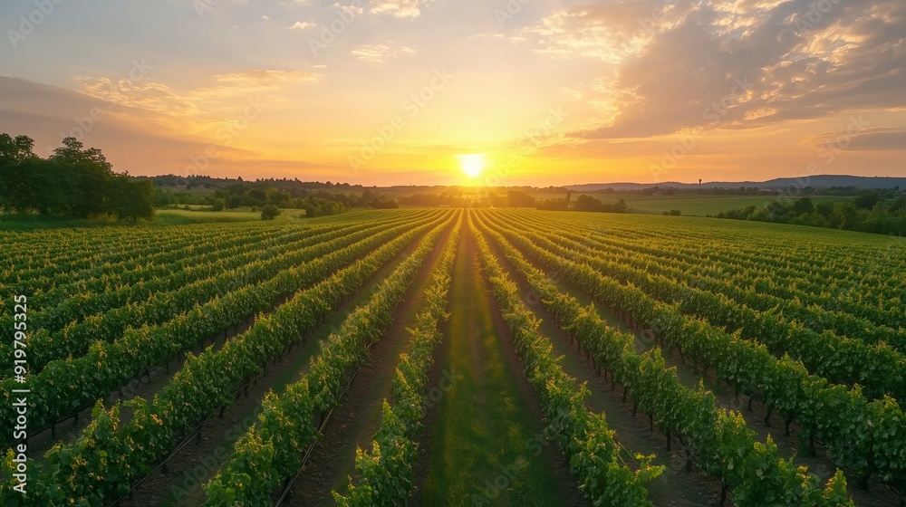 Sunset over lush vineyard rows showcasing vibrant grapevines in a picturesque countryside landscape Sunset over lush vineyard rows showcasing vibrant grapevines in a picturesque countryside landscape