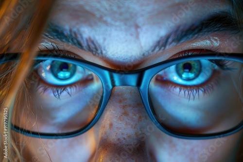 Close-up of a person's intense blue eyes staring into the distance. The subject is wearing glasses and has a focused expression.