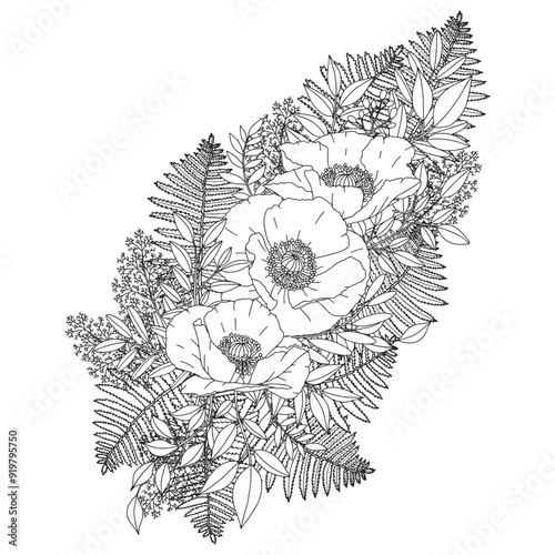 Coloring page for adults and children. Flower bouquet.