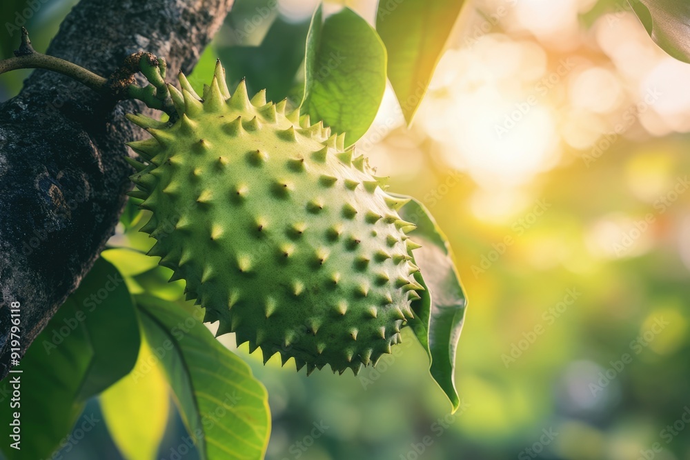 Closeup of Soursop Fruit Growing on Tree in Tropical Exotic Garden Closeup of Soursop Fruit Growing on Tree in Tropical Exotic Garden