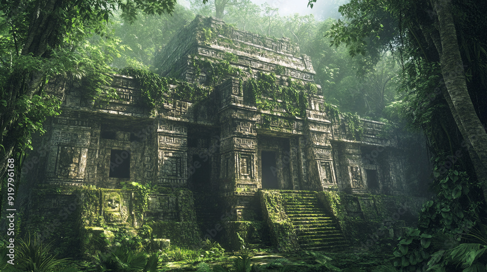 An ancient Mayan temple in the middle of a dense An ancient Mayan temple in the middle of a dense