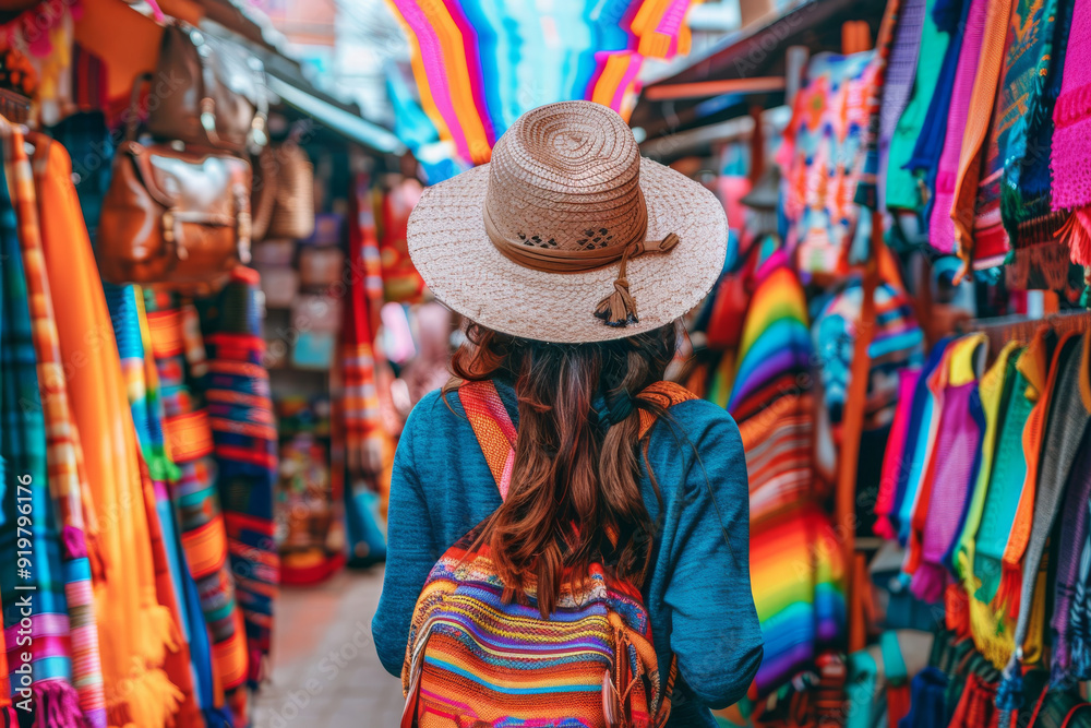 Obraz premium A traveler exploring a vibrant city market with colorful stalls