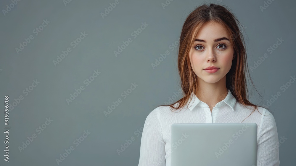 Femme Ordinateur: Portrait d'une Jeune Femme Attentive au Bureau avec son Ordinateur Portable Femme Ordinateur: Portrait d'une Jeune Femme Attentive au Bureau avec son Ordinateur Portable