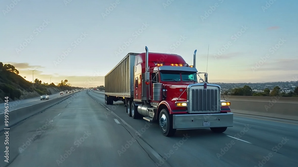 Red Semi Truck on Open Highway Red Semi Truck on Open Highway