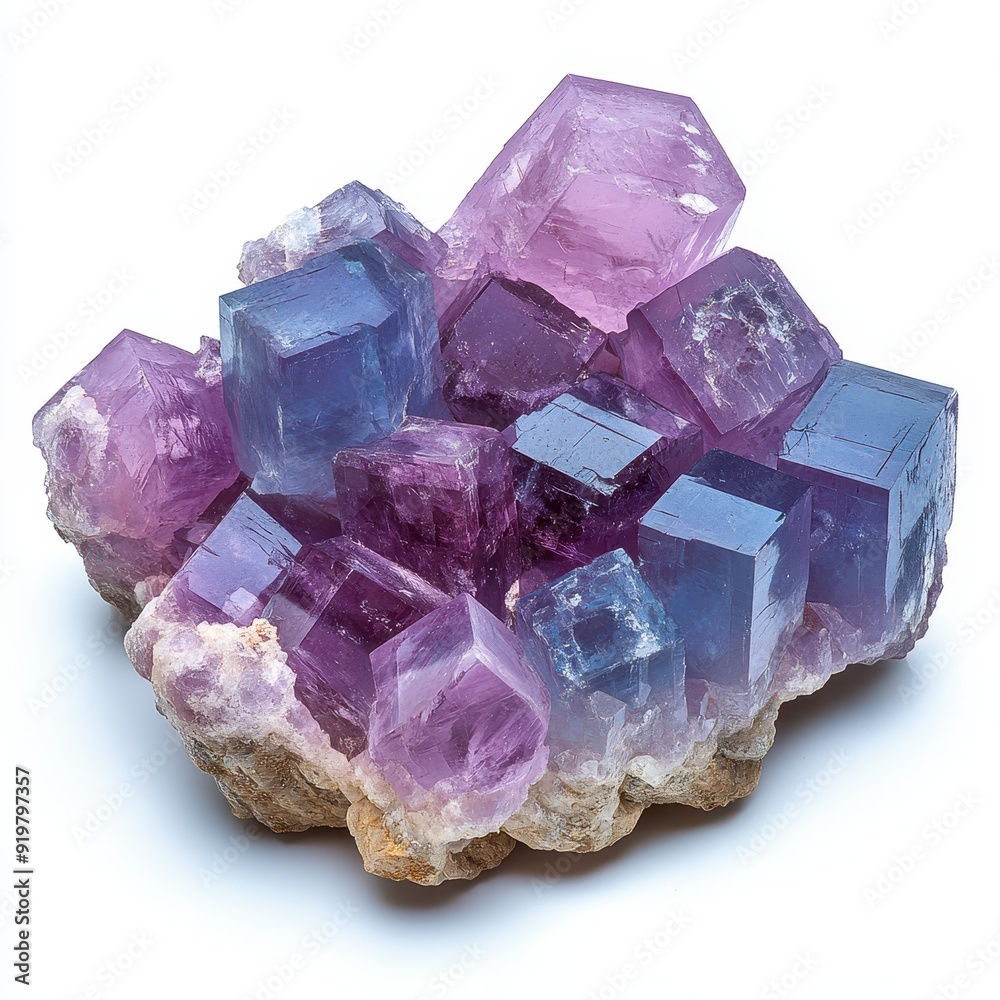 Fluorite crystal cluster with purple and blue hues on a white background Fluorite crystal cluster with purple and blue hues on a white background