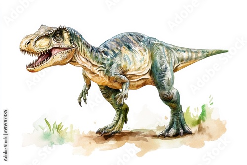 allosaurus watercolor illustration of a jurassic dinosaur vintage style art