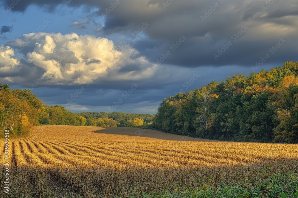 Missouri Field. Soybean Field in Autumn Sunset with Forest Edges and Cloudy Sky Missouri Field. Soybean Field in Autumn Sunset with Forest Edges and Cloudy Sky