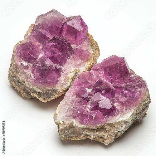 Lepidolite mineral specimen with purple crystals on white background