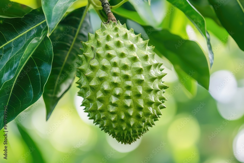 Soursop Tree Closeup: Fresh and Exotic Tropical Fruit Growing on Lush Green Tree Soursop Tree Closeup: Fresh and Exotic Tropical Fruit Growing on Lush Green Tree