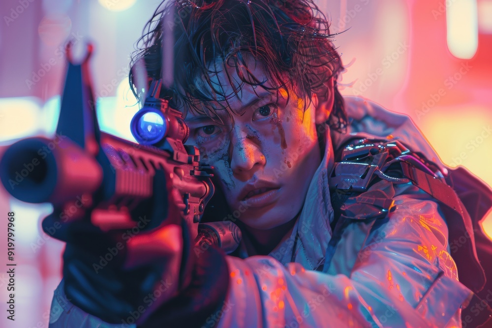 Futuristic Mercenary Aims Weapon in Neon-Drenched Cyberpunk Urban Landscape Futuristic Mercenary Aims Weapon in Neon-Drenched Cyberpunk Urban Landscape