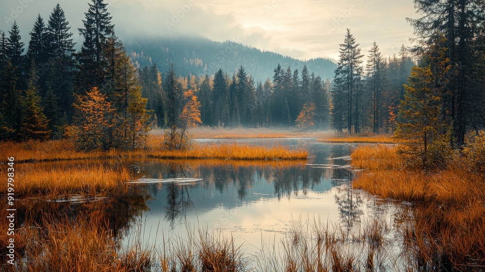 Fototapeta premium Autumn reflections in a serene lake surrounded by misty mountains and colorful foliage