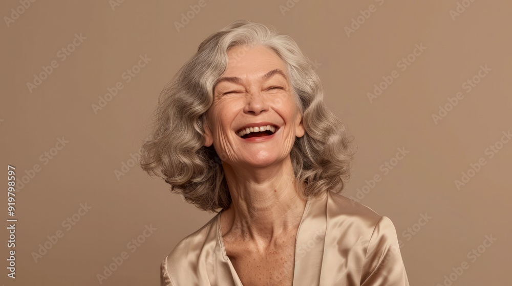 Elderly gray-haired woman in stylish beige clothes laughs, rejoices on plain beige background. Portrait of fashionable pensioner, an adult woman 55-70 years old. Concept of happy old age Elderly gray-haired woman in stylish beige clothes laughs, rejoices on plain beige background. Portrait of fashionable pensioner, an adult woman 55-70 years old. Concept of happy old age
